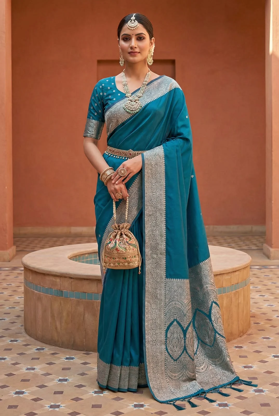 Teal Blue Meenakari design Banarasi Silk Saree
